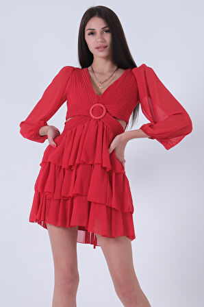 Kırmızı Fırfırlı Dekolteli Mini Şifon Abiye Elbise 9705278.08