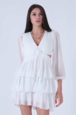 Ekru Fırfırlı Dekolteli Mini Şifon Abiye Elbise 9705278.147