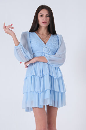 Bebe Mavi Fırfırlı Dekolteli Mini Şifon Abiye Elbise 9705278.449
