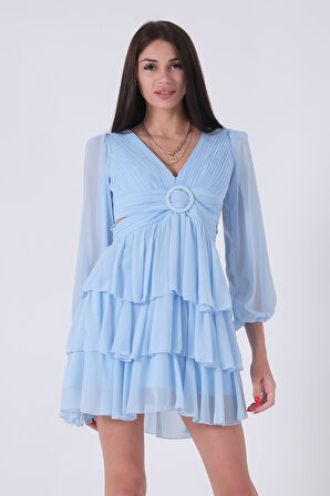 Bebe Mavi Fırfırlı Dekolteli Mini Şifon Abiye Elbise 9705278.449
