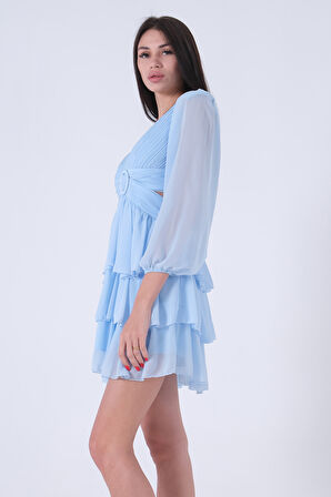 Bebe Mavi Fırfırlı Dekolteli Mini Şifon Abiye Elbise 9705278.449