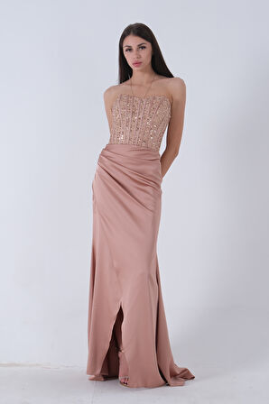 Gold Göğüs Pul ve Taşlı Saten Abiye 9705294.122