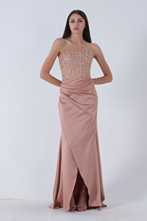 Gold Göğüs Pul ve Taşlı Saten Abiye 9705294.122