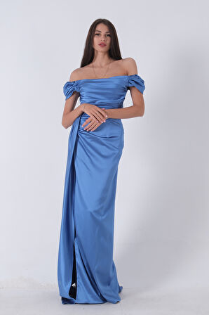 Mavi Drape Detaylı Saten Kumaş Abiye Elbise 9704858.16