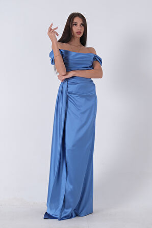 Mavi Drape Detaylı Saten Kumaş Abiye Elbise 9704858.16