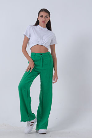 Yeşil Yüksek Bel Bol Paça Keten Pantolon 01020661.07
