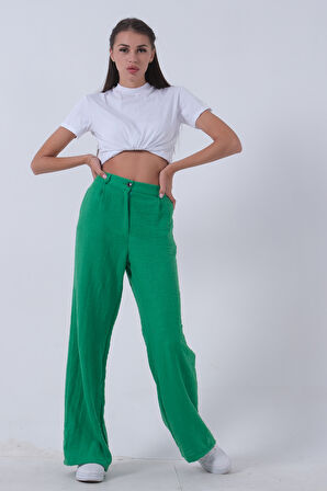 Yeşil Yüksek Bel Bol Paça Keten Pantolon 01020661.07