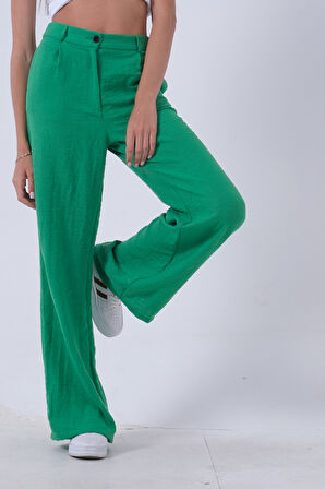 Yeşil Yüksek Bel Bol Paça Keten Pantolon 01020661.07