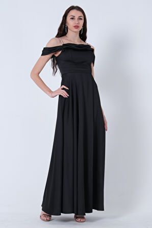 Siyah Taş Askılı Düşük Kol Saten Abiye 0806118.01