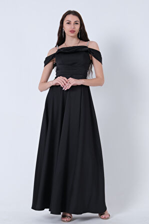 Siyah Taş Askılı Düşük Kol Saten Abiye 0806118.01