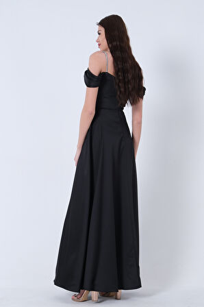 Siyah Taş Askılı Düşük Kol Saten Abiye 0806118.01