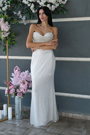 Beyaz Pul Taş İşlemeli Straplez Balık Abiye 9705304.15