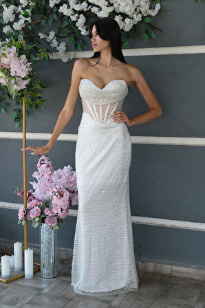 Beyaz Pul Taş İşlemeli Straplez Balık Abiye 9705304.15