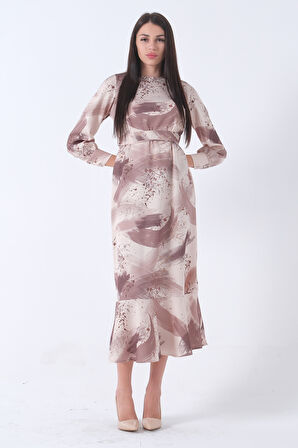 Kahve Fırça Darbesi Desenli Modern Şık Elbise 0807769.05