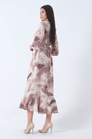 Kahve Fırça Darbesi Desenli Modern Şık Elbise 0807769.05