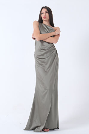 Haki Önü Yırtmaçlı Tek Omuz Şık Abiye 0801563.23