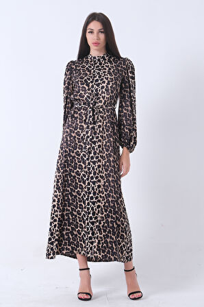 Leopar Bileği Lastikli Bel Bağlamalı Leopar Desenli Tesettür Elbise 4673008.53