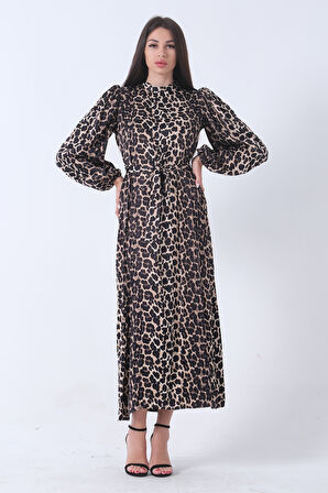 Leopar Bileği Lastikli Bel Bağlamalı Leopar Desenli Tesettür Elbise 4673008.53
