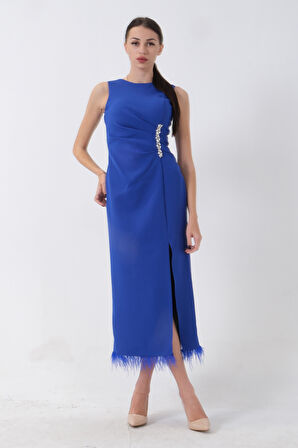 Saks Önü Taş Detaylı Yırtmaçlı Tüy Detaylı Abiye 9705402.26