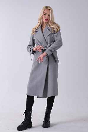 Gri Kol Bağlamalı Seyyar Kuşaklı Uzun Kaşe Kaban 41630051.06