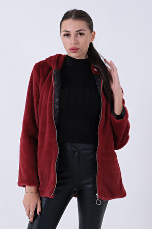 Bordo Fermuarlı Oversize Kapüşonlu Çift Cepli Peluş Mont 0108078.04