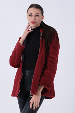 Bordo Fermuarlı Oversize Kapüşonlu Çift Cepli Peluş Mont 0108078.04