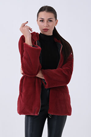 Bordo Fermuarlı Oversize Kapüşonlu Çift Cepli Peluş Mont 0108078.04
