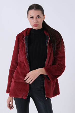 Bordo Fermuarlı Oversize Kapüşonlu Çift Cepli Peluş Mont 0108078.04