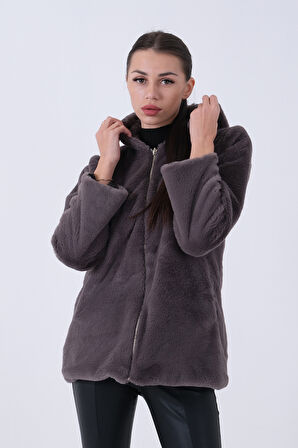 Gri Fermuarlı Oversize Kapüşonlu Çift Cepli Peluş Mont 0108078.06