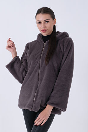 Gri Fermuarlı Oversize Kapüşonlu Çift Cepli Peluş Mont 0108078.06