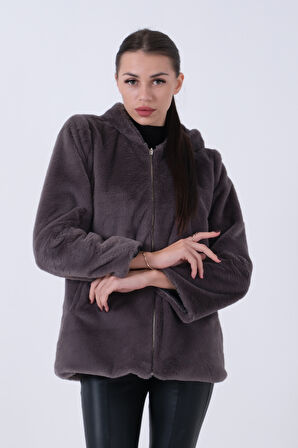 Gri Fermuarlı Oversize Kapüşonlu Çift Cepli Peluş Mont 0108078.06
