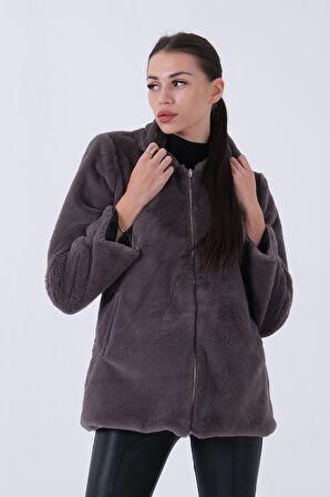 Gri Fermuarlı Oversize Kapüşonlu Çift Cepli Peluş Mont 0108078.06