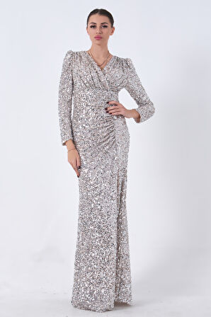 Bej Pul Payetli Drapeli Önü Yırtmaçlı Abiye 9705393.55