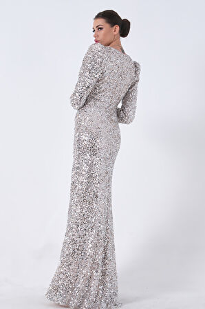 Bej Pul Payetli Drapeli Önü Yırtmaçlı Abiye 9705393.55