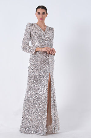 Bej Pul Payetli Drapeli Önü Yırtmaçlı Abiye 9705393.55