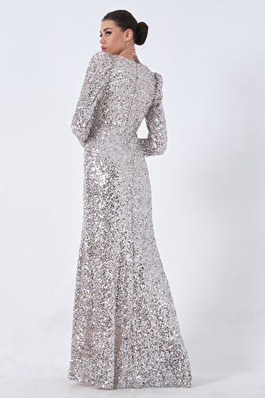 Bej Pul Payetli Drapeli Önü Yırtmaçlı Abiye 9705393.55