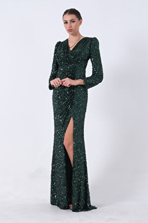 Zümrüt Pul Payetli Drapeli Önü Yırtmaçlı Abiye 9705393.123