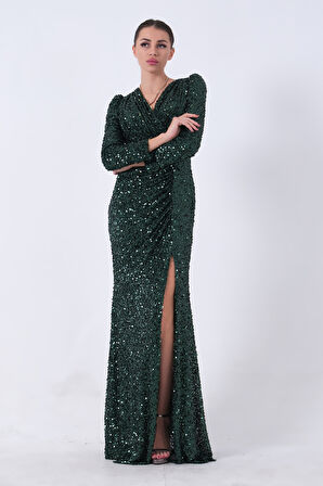 Zümrüt Pul Payetli Drapeli Önü Yırtmaçlı Abiye 9705393.123