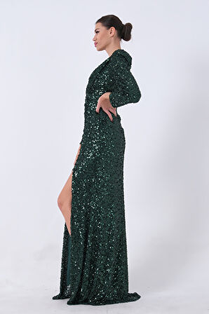 Zümrüt Pul Payetli Drapeli Önü Yırtmaçlı Abiye 9705393.123