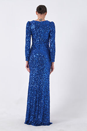 Saks Pul Payetli Drapeli Önü Yırtmaçlı Abiye 9705393.26