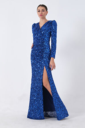 Saks Pul Payetli Drapeli Önü Yırtmaçlı Abiye 9705393.26