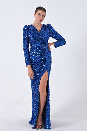 Saks Pul Payetli Drapeli Önü Yırtmaçlı Abiye 9705393.26