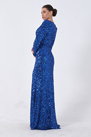 Saks Pul Payetli Drapeli Önü Yırtmaçlı Abiye 9705393.26