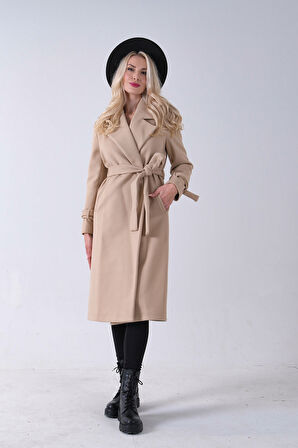 Bej Kol Bağlamalı Seyyar Kuşaklı Uzun Kaşe Kaban 41630051.55
