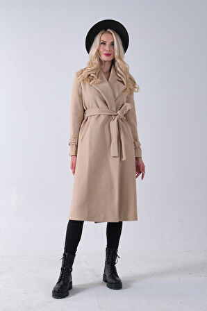 Bej Kol Bağlamalı Seyyar Kuşaklı Uzun Kaşe Kaban 41630051.55