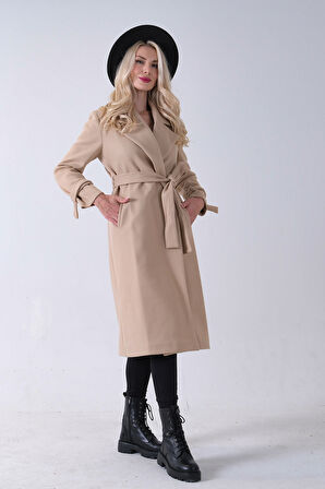 Bej Kol Bağlamalı Seyyar Kuşaklı Uzun Kaşe Kaban 41630051.55