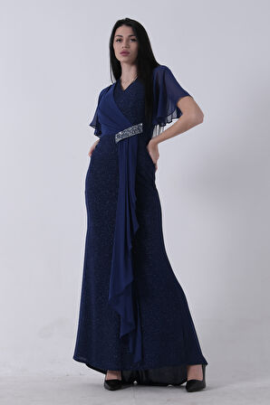 Saks Beli Taş Detaylı Yarım Kol Tesettür Abiye 08061271.26