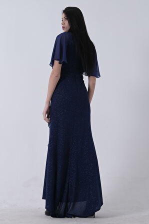 Saks Beli Taş Detaylı Yarım Kol Tesettür Abiye 08061271.26