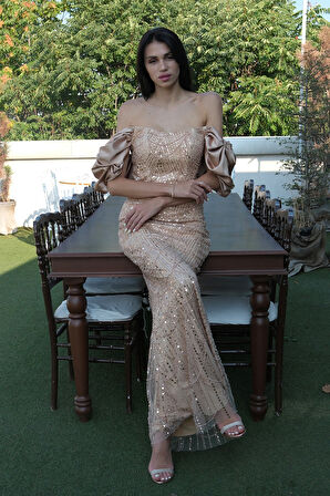 Gold Üzeri Taş Boncuk İşlemeli Balon Kol Abiye 9705417.122