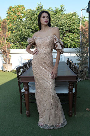 Gold Üzeri Taş Boncuk İşlemeli Balon Kol Abiye 9705417.122